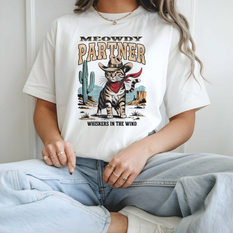 meowdy partner vintage cowboy cat western t shirt for women white size l 2