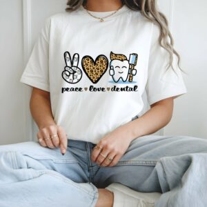 Peace Love Dental - Leopard Heart Teeth Dentist T-Shirt for Women (White, Size L)