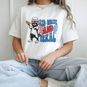 Red White and Feral Raccoon – 4th of July Patriotic T-Shirt for Women (White, Size L)